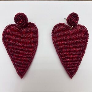 Chic Beaded Heart Earrings in Deep Red